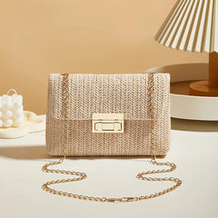 Sac à bandoulière en paille pour femmes, sac à bandoulière en chaîne tissé de grande capacité avec fermeture à boucle, pochette faite à la main