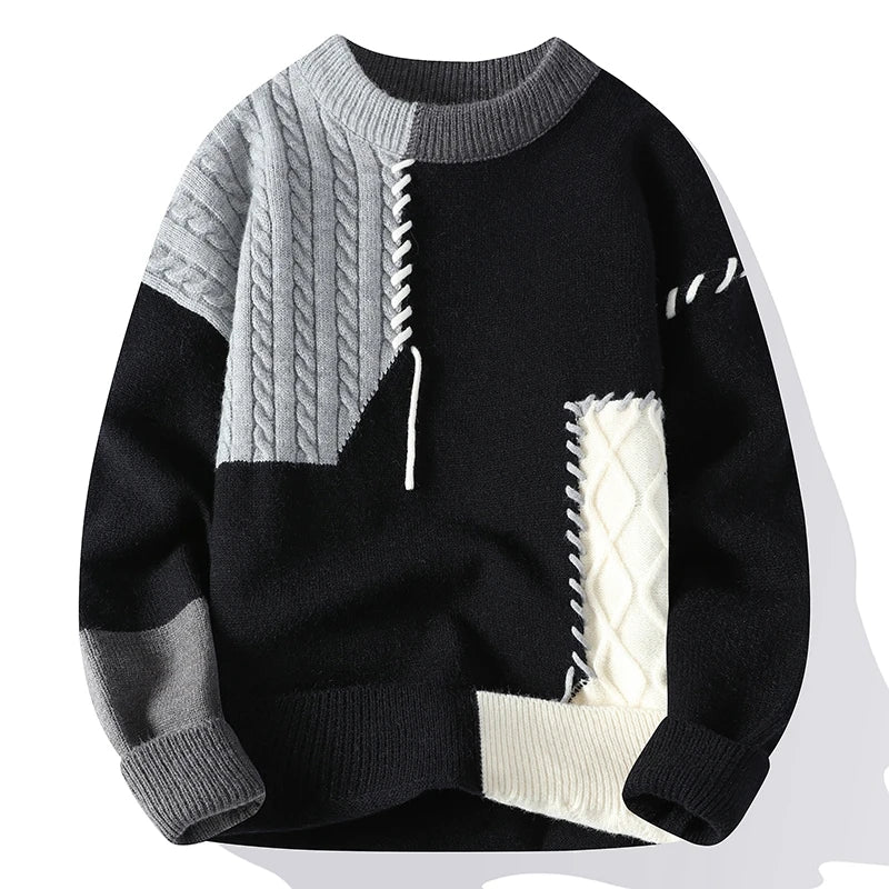 Automne hiver chaud hommes chandails tricotés mode Patchwork col rond tricot pulls coréen Streetwear pull décontracté hommes vêtements