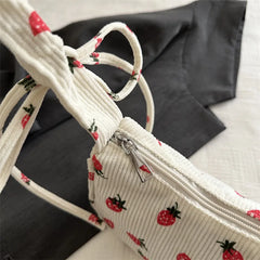 Petit sac sous les bras pour femmes, sac à main en velours côtelé, mignon imprimé fraise, petit fourre-tout demi-lune Design, sac à main en tissu écologique, Mini sacs à bandoulière