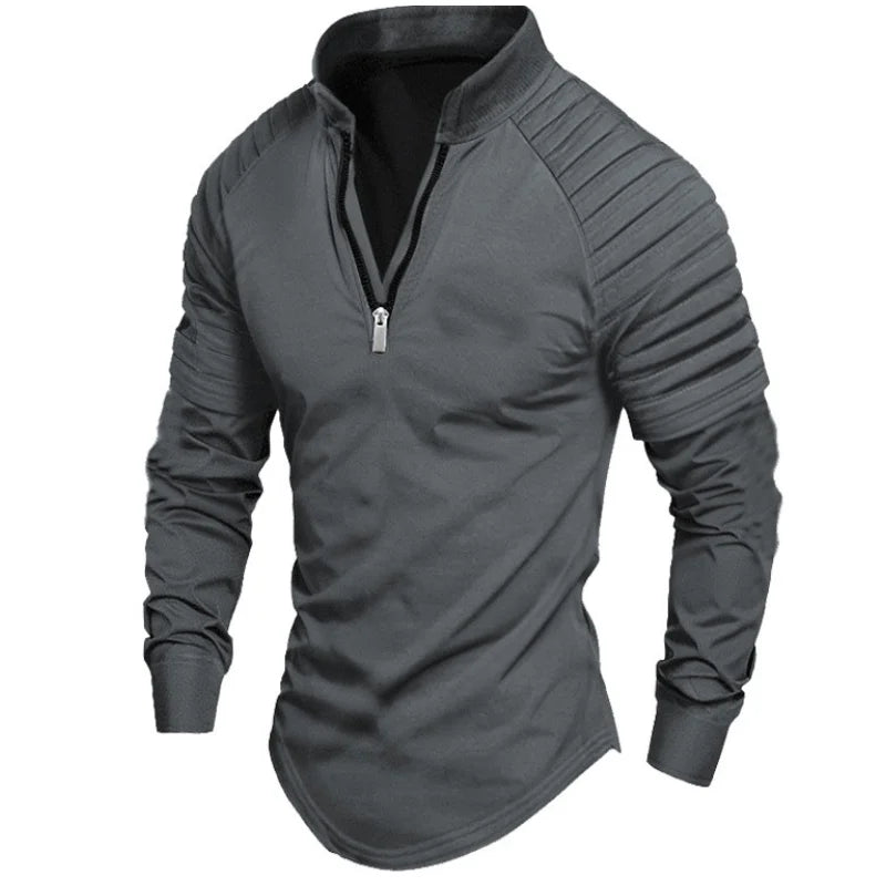2024 Autumn men's half-zip long-sleeved Polo shirt arm pleats fashion stand-up collar top sweatshirt