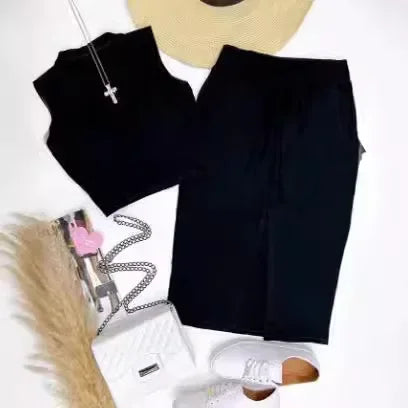 Ensemble jupe pour femmes, ensemble deux pièces, moulant, col rond, sans manches, haut court, jupes mi-longues, épissure taille haute, à lacets