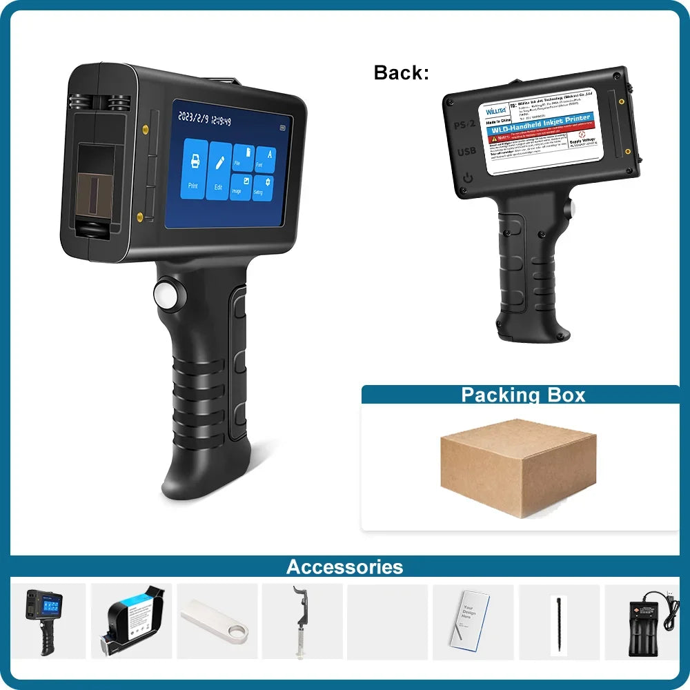Pistolet d’impression à jet d’encre portable Willita 12.7 mm | Codage sur surfaces plastiques pour dates d’expiration, numéros de lot, QR/code-barres et logos