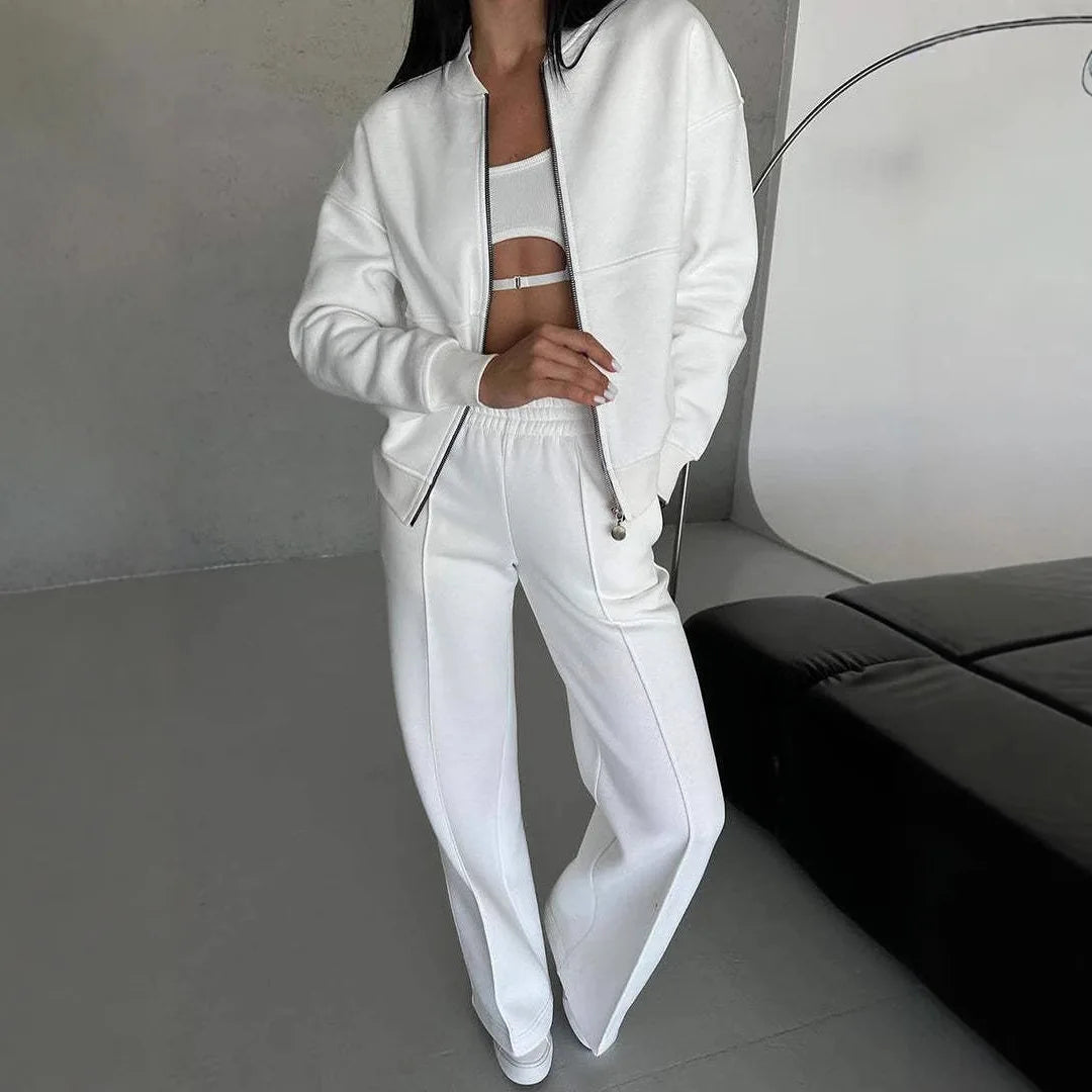 Autumn Winter Fashion Zip Jacket Wide Leg Pants Two Piece Set  2025 Women Casual Long Sleeve Top Sweatshirt Pants Loose Sets
