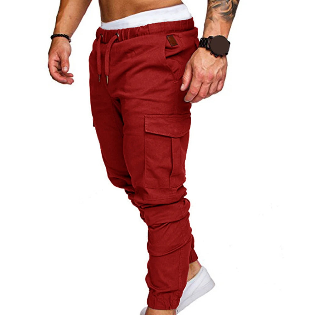 Men Casual Pants Plus Size Men Solid Color Multi Pocket Drawstring Ankle Tie Cargo Pants Trousers Summer Hottest Weight Pants