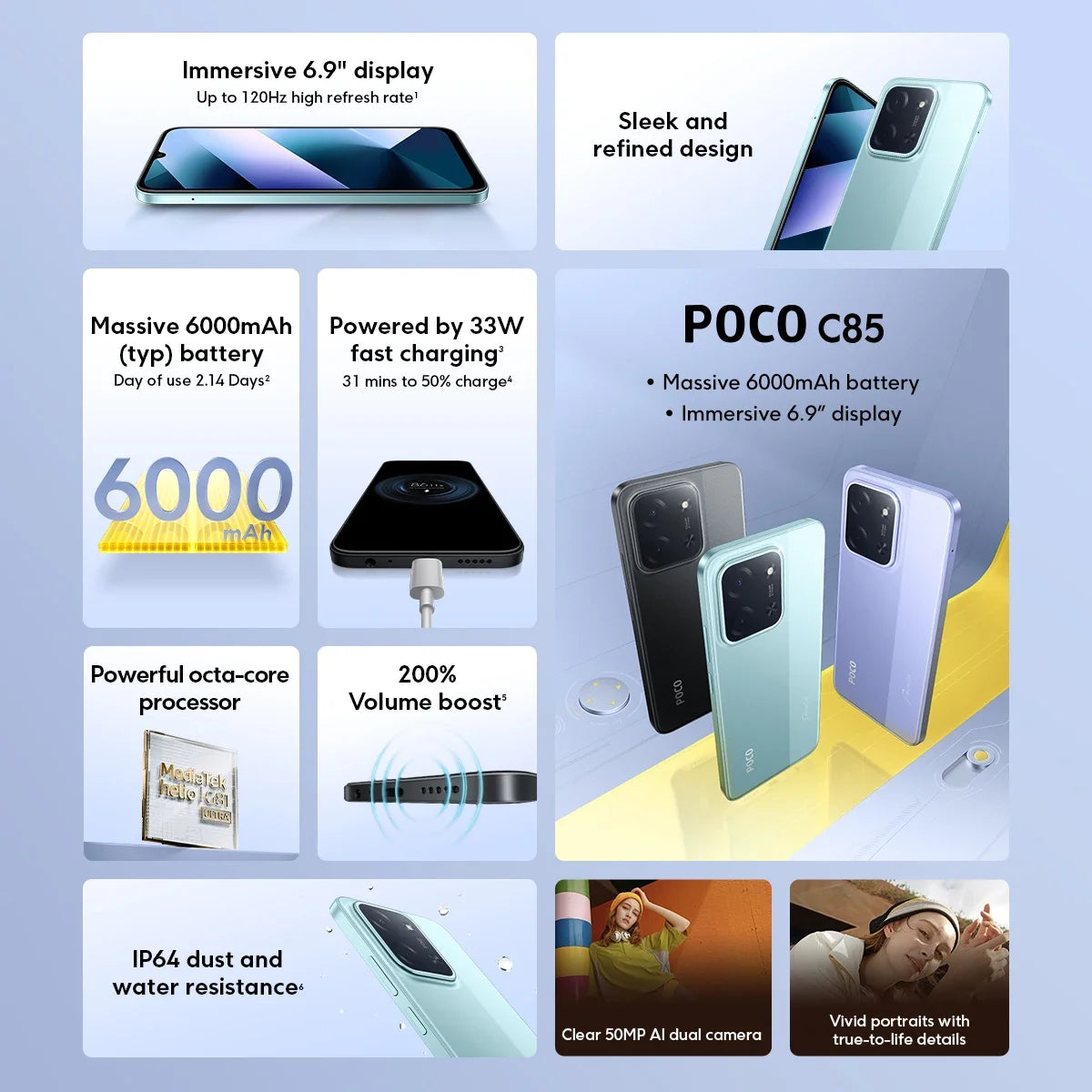 POCO C85 Version mondiale Smartphone MediaTek Helio G81-Ultra 6.9 "affichage Dot Drop batterie 6000mAh 50MP double caméra 33W NFC IP64