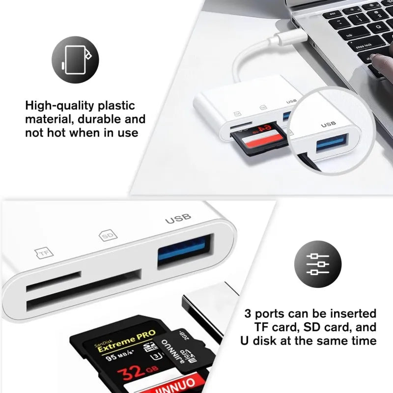 Lecteur de carte SD TF 3 en 1 pour Apple iPhone 14 12 13 11 Pro Max XR XS USB C Convertisseur de caméra pour iPad Android Ordinateur portable OTG Adaptateur
