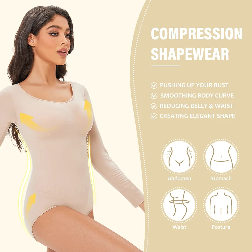 POKARLA Spandex élastique Body costume Shapewear femmes corps Shaper ventre contrôle à manches longues ouvert entrejambe col rond sans couture Shapers