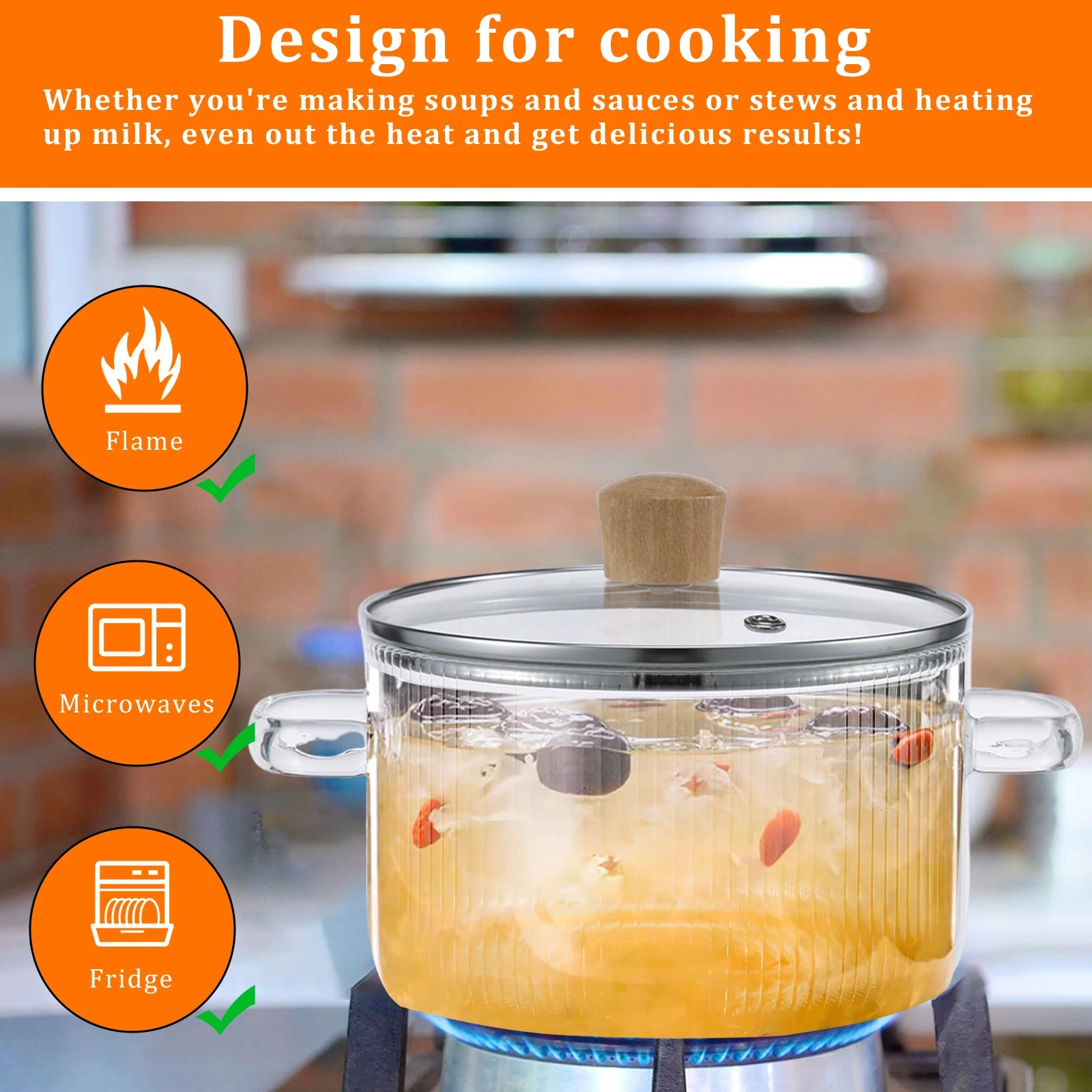 Casserole en verre transparente avec couvercle, 1,6 l, marmite à soupe en verre résistant à la chaleur, double poignées, outils de cuisine