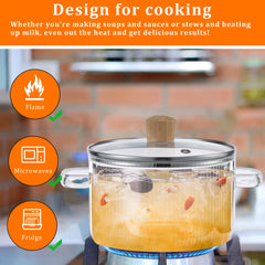 Casserole en verre transparente avec couvercle, 1,6 l, marmite à soupe en verre résistant à la chaleur, double poignées, outils de cuisine