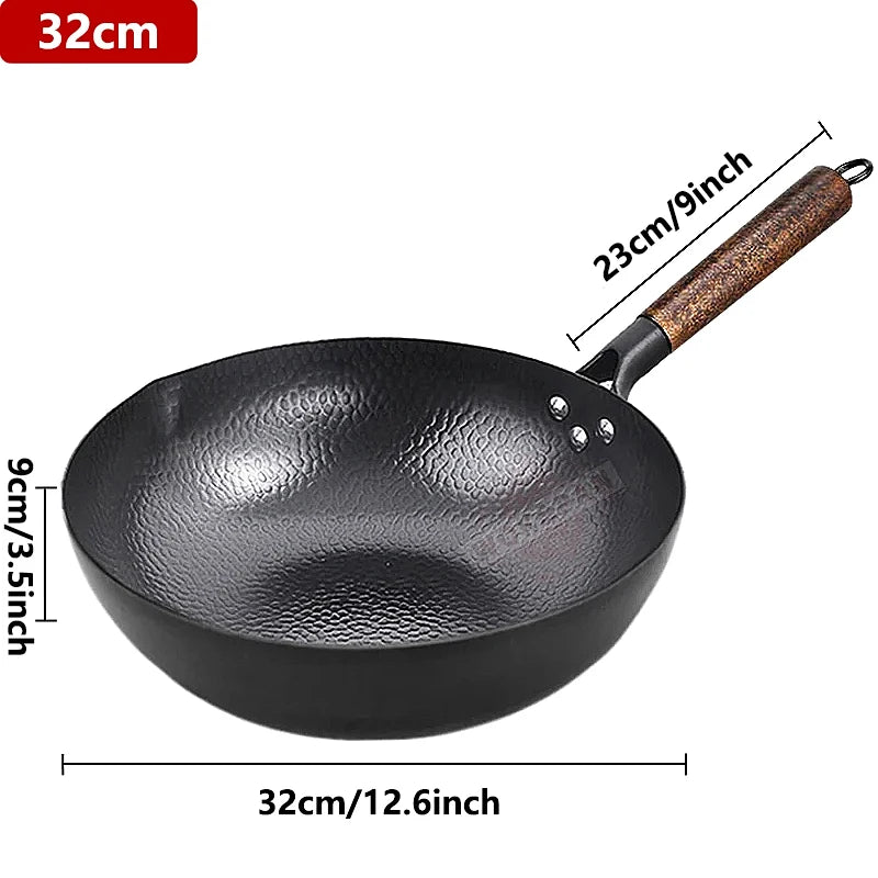 Poêle Wok en acier au carbone, 32cm, avec couvercle en bois, poêle chinoise à fond plat non revêtu, pour gaz électrique à Induction, toutes les cuisinières