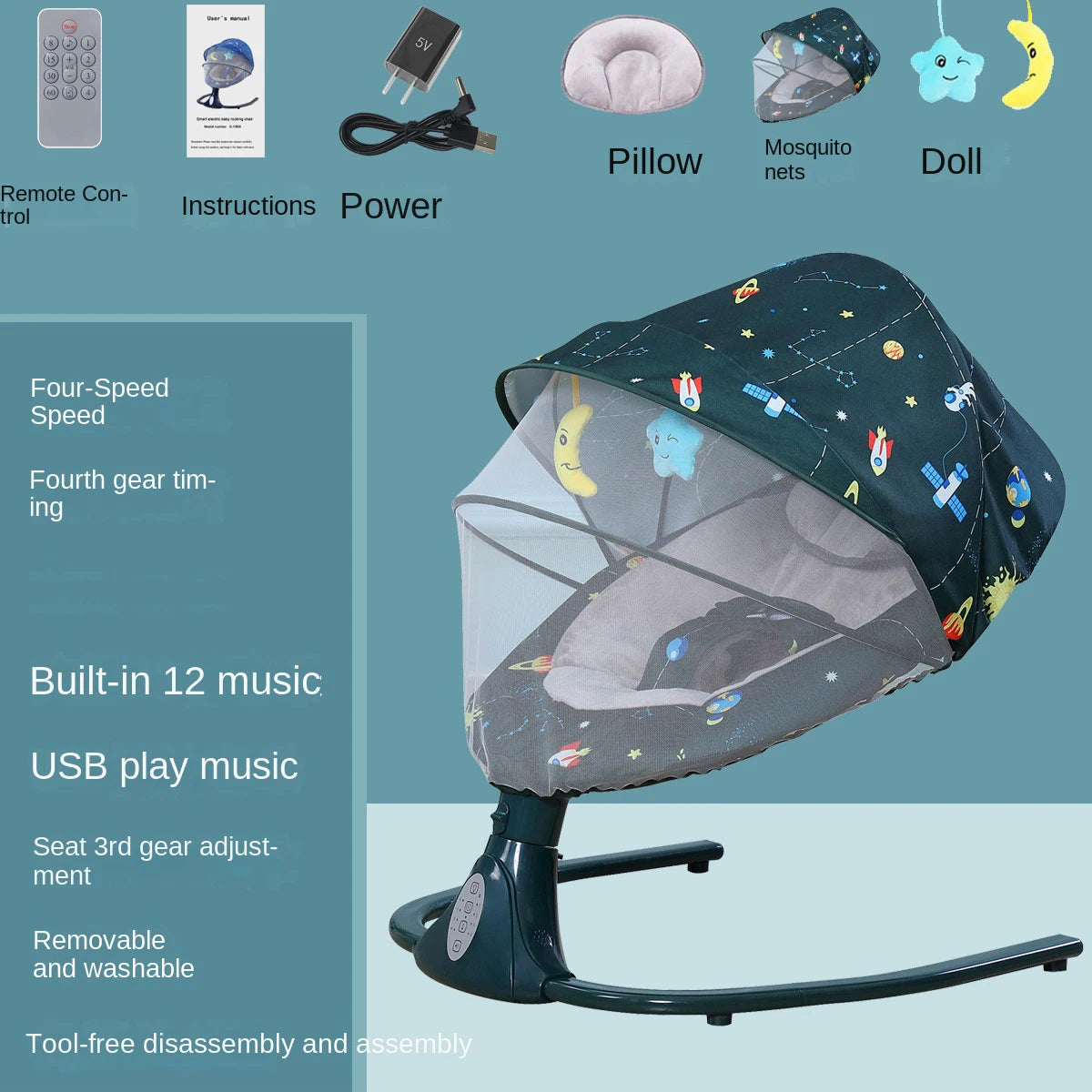 Chaise à bascule électrique pour bébé de 0 à 24 mois, musique automatique pour nouveau-né, avec moustiquaire, berceau à bascule automatique à distance