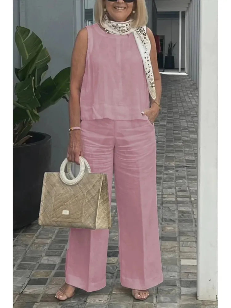 Spring Summer Cotton Linen Solid Color Sleeveless Women Pants Suit Simple Casual Pocket Elegant Female Office Retro 2 Piece Set