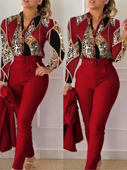 Ensemble chemise et pantalon à manches longues pour femmes, col montant, imprimé floral, chemise décontractée élégante, FJSuits avec ceinture, automne, hiver, 2 pièces