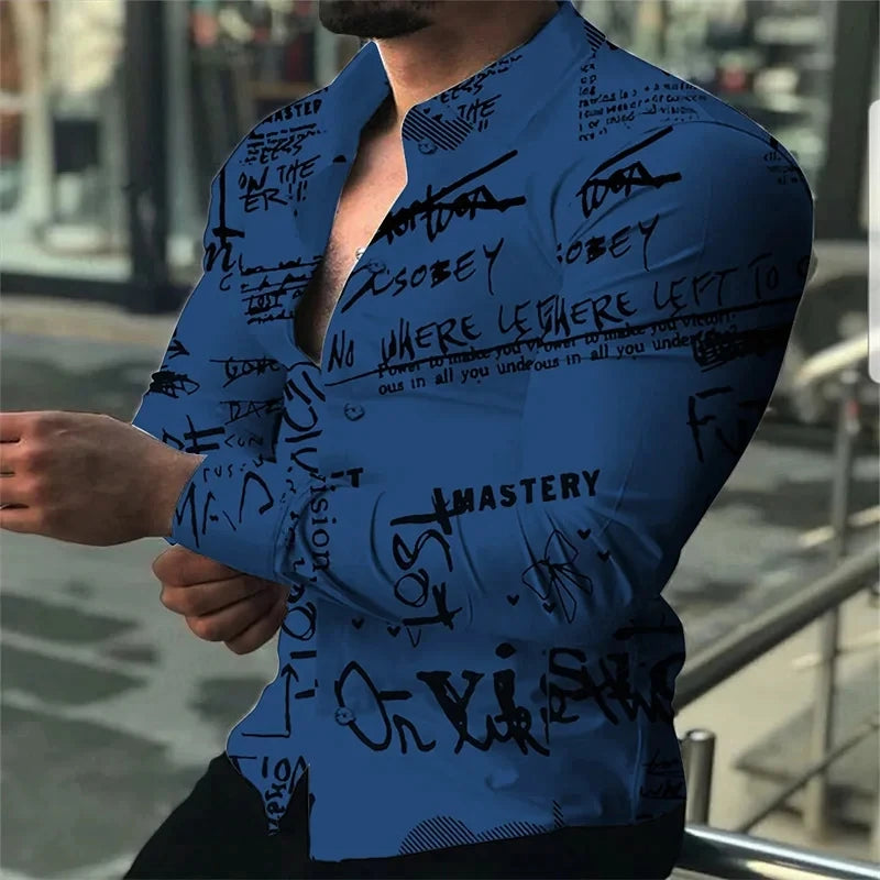 Long Sleeve Hawaiian Shirts Men Fashion Letter Shirt Black White Lepal Blouses Beach Blouse Single Breasted Camisa Vocation