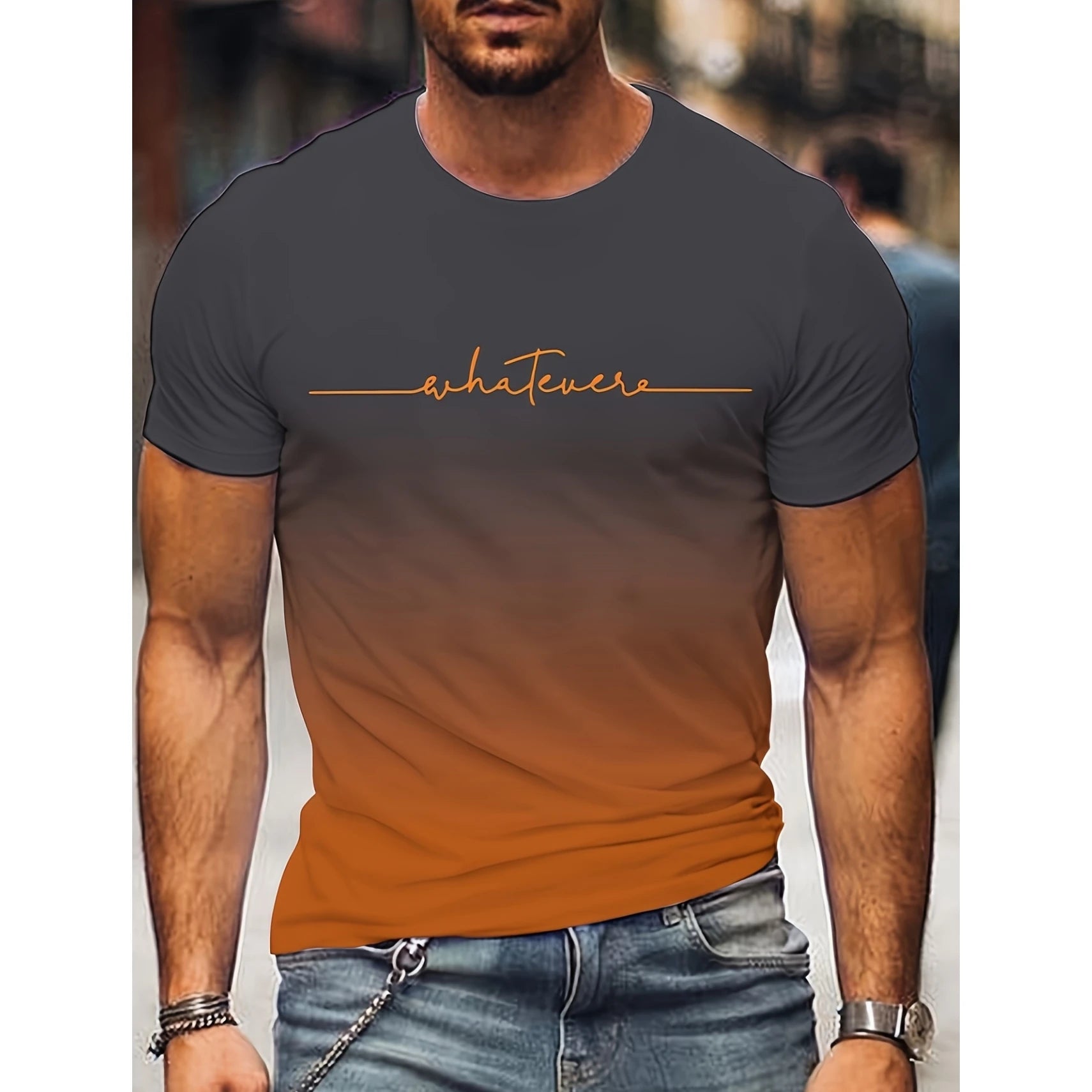 2024 Summer Fashion Men's Clothing Trendy Design Gradient Color Letter Print T-Shirt Top Breathable Soft Short Sleeve Menswear
