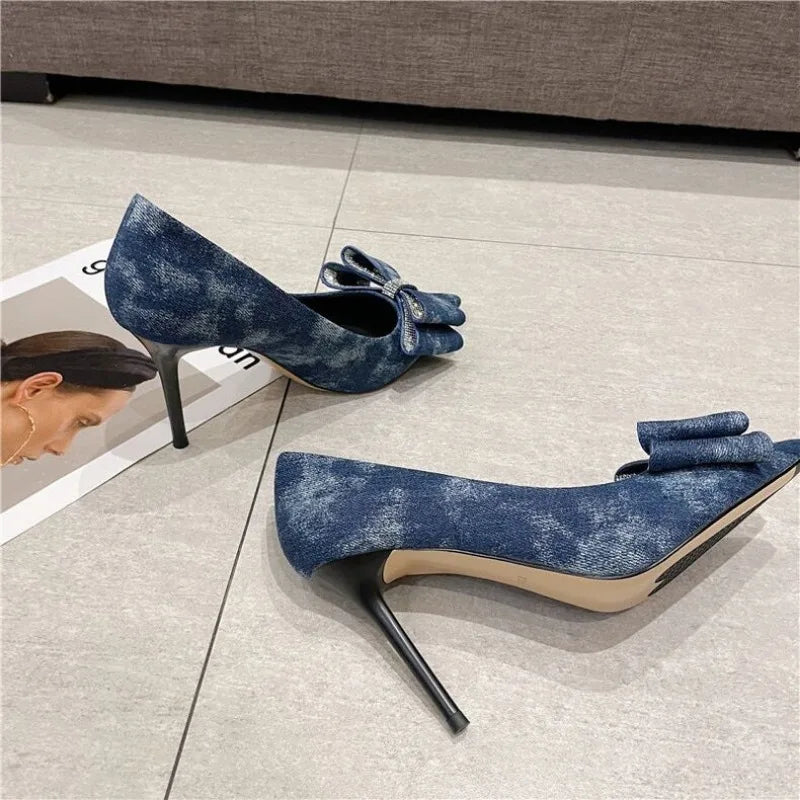 Women's Fashion Slim Heel Shoes Fall New Pointy Head Shallow Mouth Rhinodrill Butterfly Knot Denim Slip-on Heels