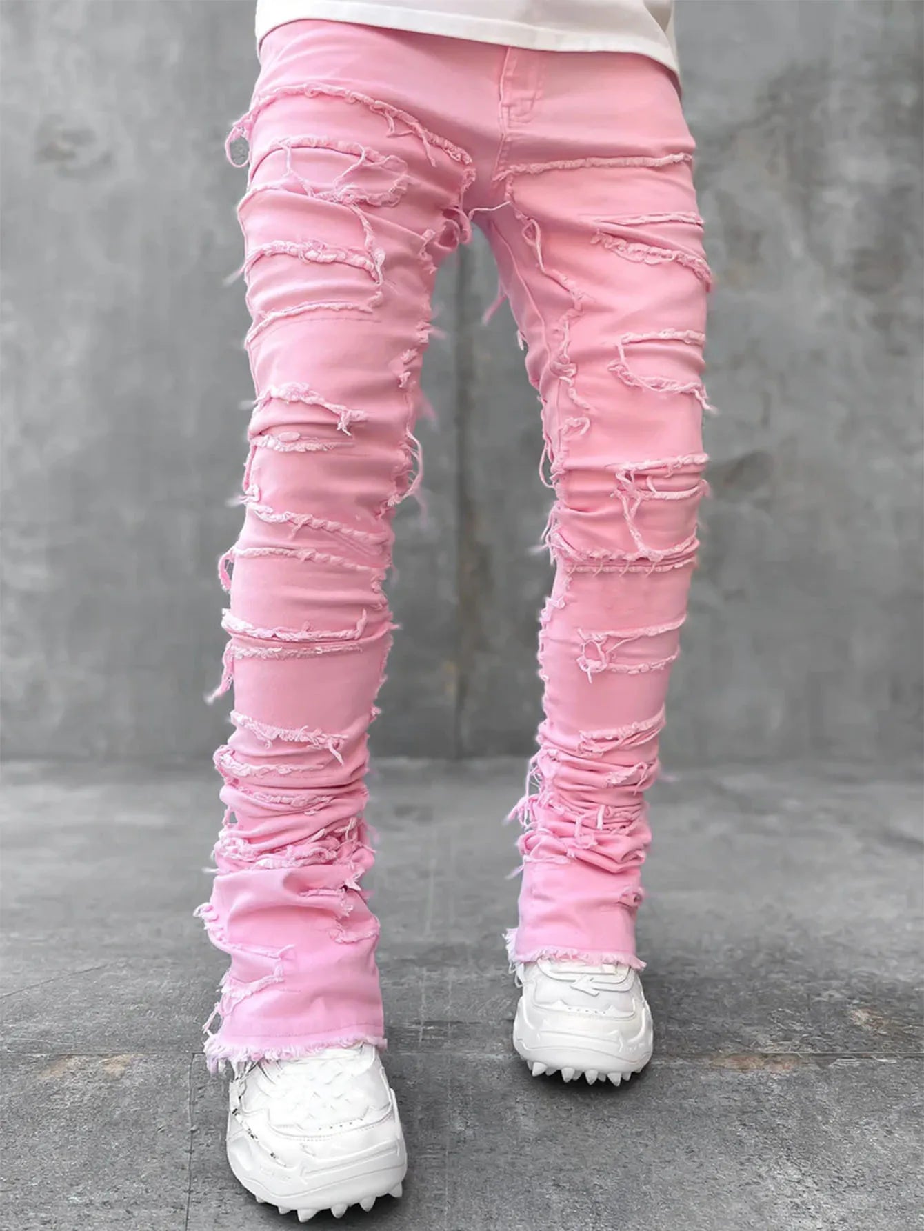 Jean empilé coupe régulière pour hommes déchiré coupe slim patch délavé Pantalon en denim droit détruit Hip Hop Pantalon streetwear tissu
