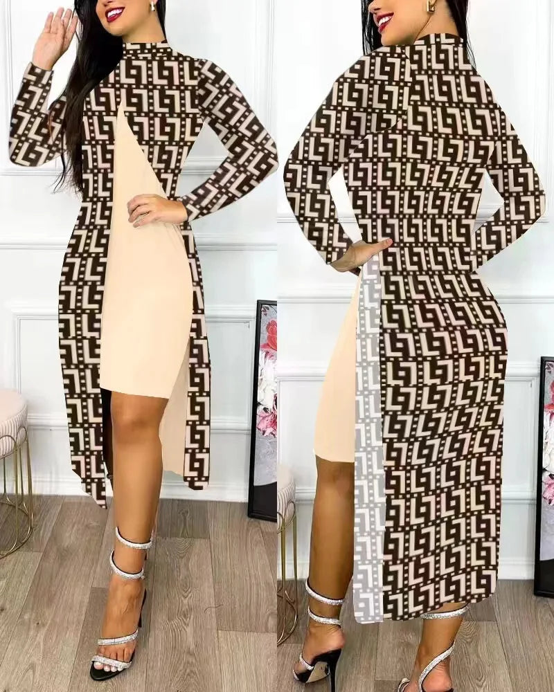 Ensemble deux pièces pour femmes, robes imprimées, manches longues, col mi-haut, Cardigan fendu, costumes élégants, ligne A, bureau, Y2k