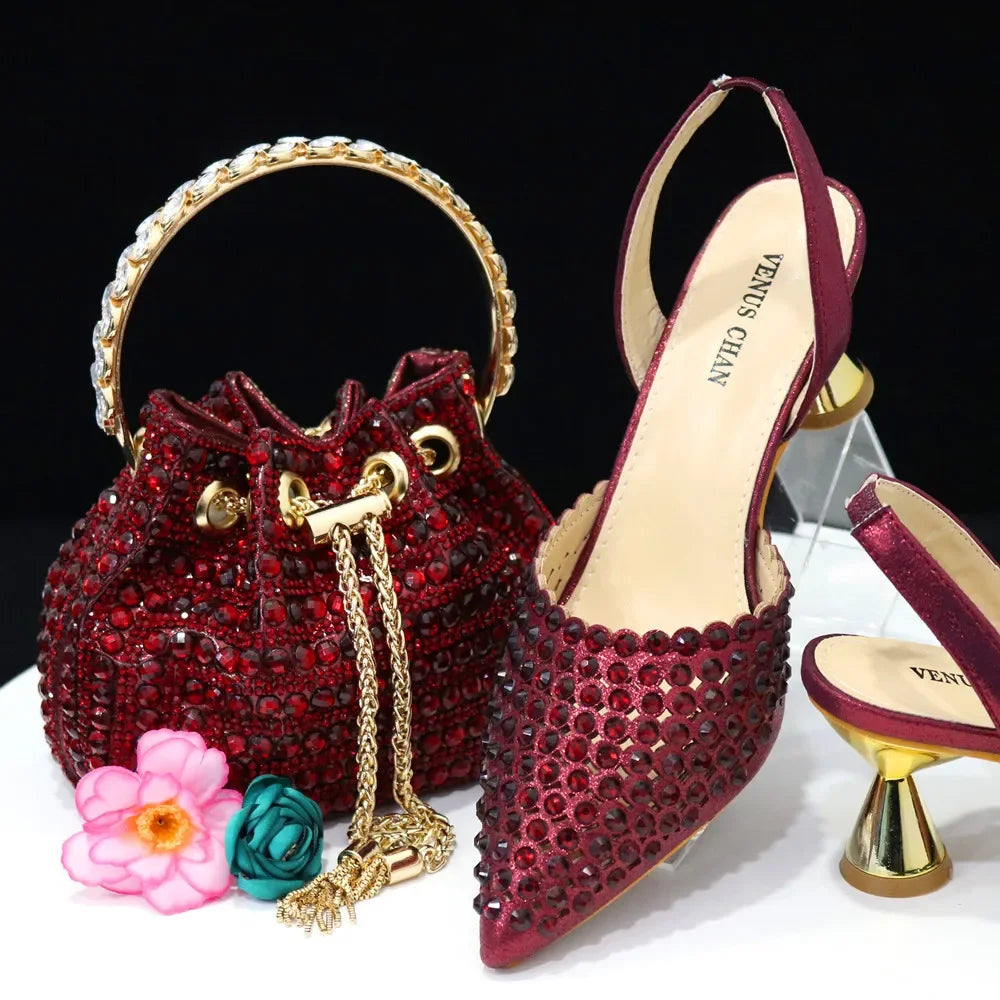 Venus Chan – escarpins à bout pointu pour femmes, chaussures et sacs italiens élégants, couleur vin, ensemble assorti, 2023
