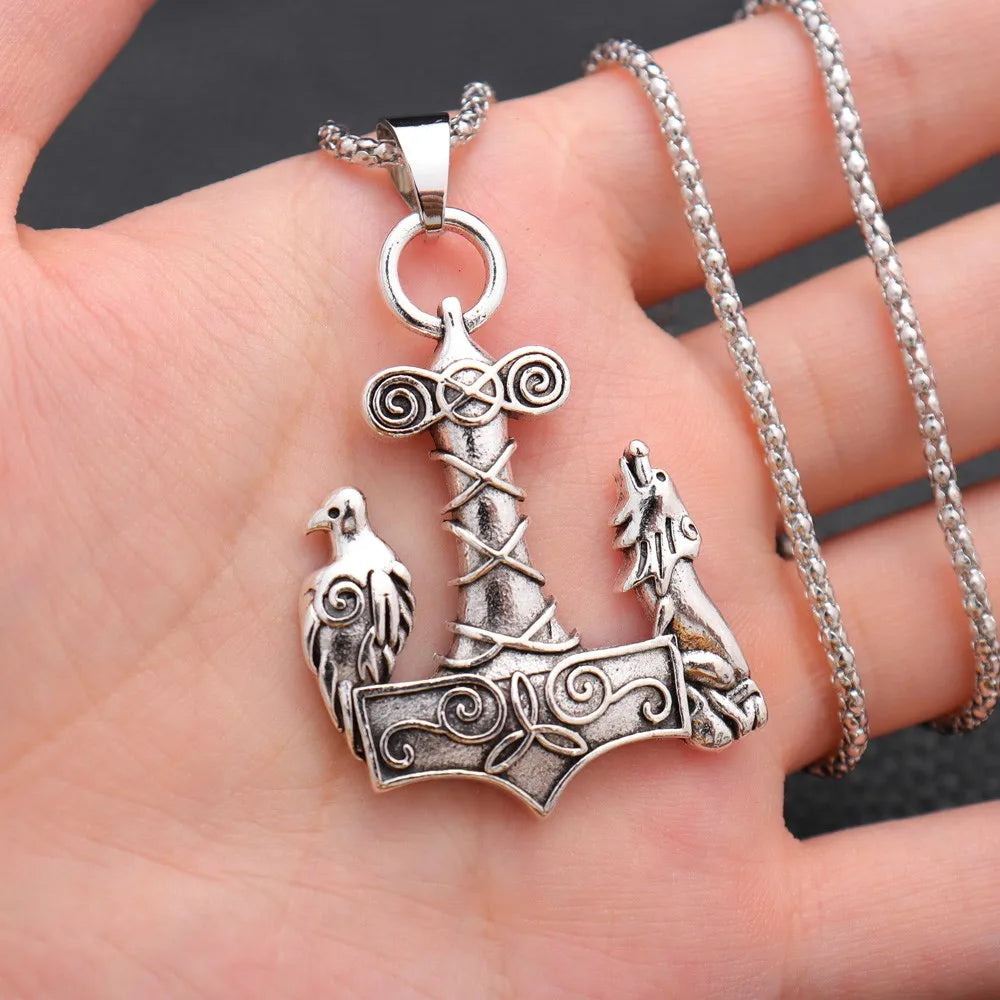 rétro corbeau prairie loup Double face Viking Tomahawk pendentif collier charme collier pour hommes accessoire en métal bijoux de fête