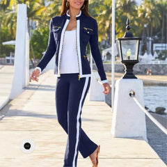 Automne nouvelle mode deux pièces ensemble couleur bloquant fermeture éclair élégant bureau crayon costumes femmes décontracté moulante pantalon ensemble Vestido