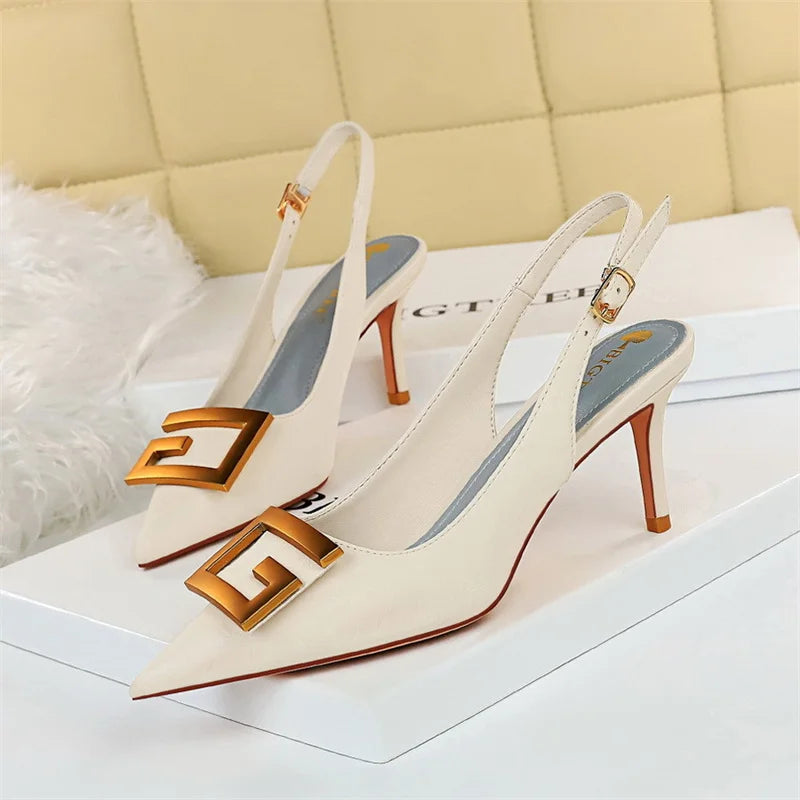 Chaussures de soirée à talons fins avec boucle carrée en métal, escarpins à bout pointu avec sangle arrière creuse, sandales à talons moyens, noir, vert et blanc