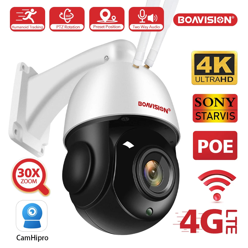 Caméra de Surveillance dôme extérieure PTZ IP WIFI 4G POE 8MP/5MP, avec suivi automatique et ia, Zoom x30, Audio bidirectionnel, système infrarouge (80m)