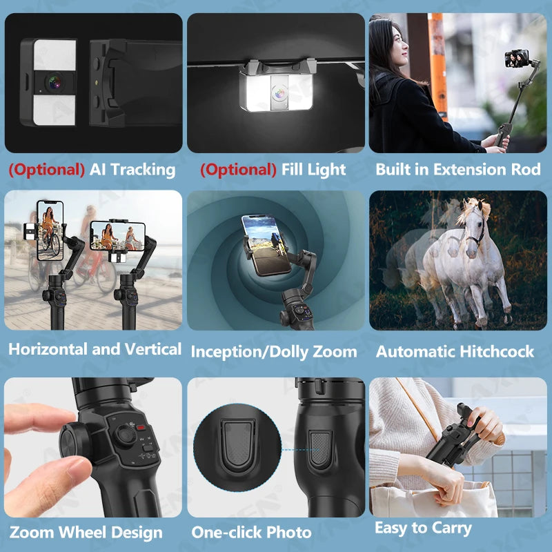 Le plus récent cardan portatif AXNEN HQ4 à 3 axes, suivi intelligent AI en option, stabilisateur de Smartphone pour iPhone 14 Pro Xiaomi Huawei Vlog