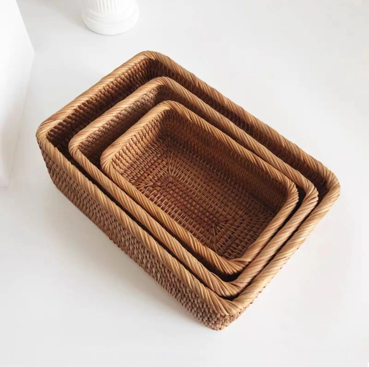 Panier en osier et rotin tissé à la main, panier à fruits, thé, collation, pain, boîte de rangement rectangulaire pour cosmétiques, fournitures de cuisine ménagère