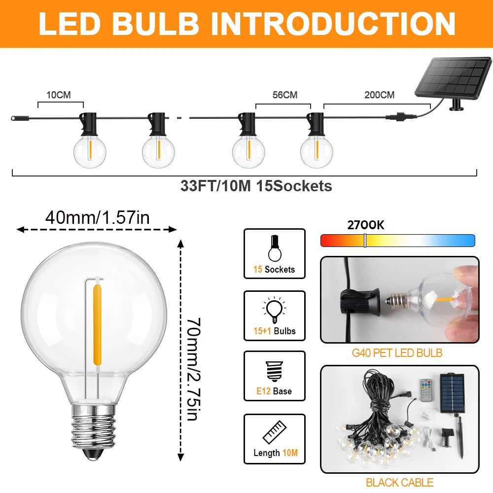 Guirlande solaire G40 lumières de Patio avec ampoules LED incassables guirlande de Camping résistante aux intempéries lumières suspendues pour jardin Bistro