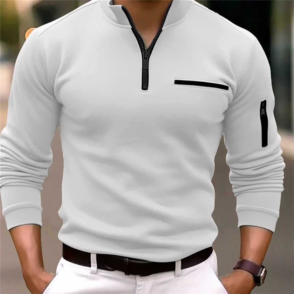 Men's Hoodie POLO Shirt Solid Color Long Sleeve Arm Chest Zipper Design Light Ripe Casual Sports Loose Fashion Autumn