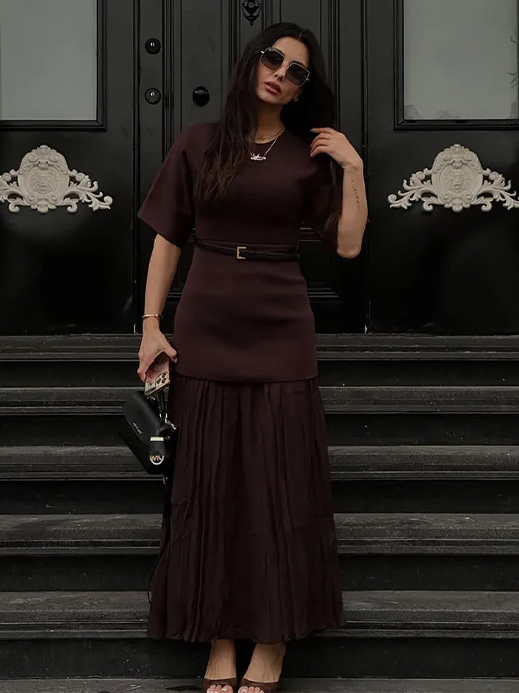 Robe Maxi en maille Patchwork pour femmes, élégante, marron, col rond, manches courtes, robes longues, Chic, High Street