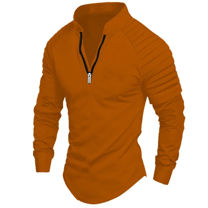 2024 Autumn men's half-zip long-sleeved Polo shirt arm pleats fashion stand-up collar top sweatshirt