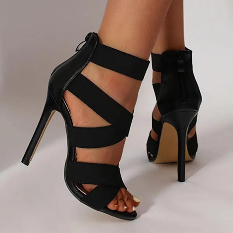 Chaussures de gladiateur sexy à bout ouvert pour femmes, sandales à talons super hauts, escarpins à large bande avec fermeture éclair au dos, sandales de fête de mariage noires