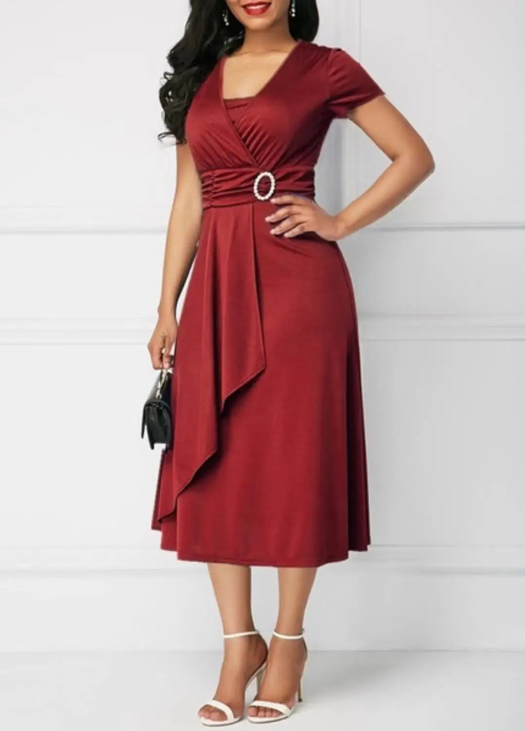 Robes d'été élégantes pour femmes, couleur unie, manches courtes, col en V, ourlet asymétrique, taille serrée, robe de soirée mi-longue pour dames