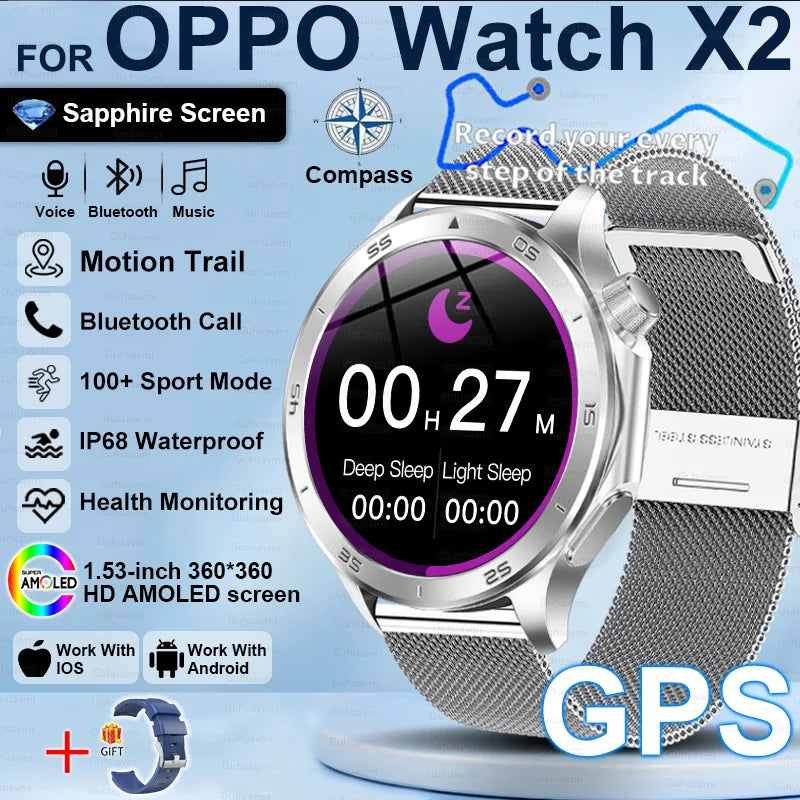 Pour OPPO X2 GPS montres intelligentes homme 360*360 AMOLED écran fréquence cardiaque Bluetooth appel IP68 étanche boussole sport Smartwatch 2025
