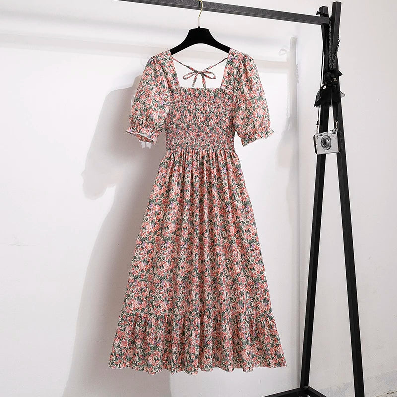 Printemps été robes en mousseline de soie mode femme taille élastique à manches courtes plissée tenue décontractée femmes robes a-ligne robes