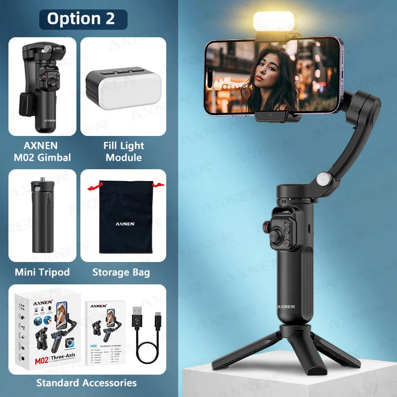 AXNEN M02 stabilisateur de Smartphone à cardan 3 axes Anti-secouement enregistrement vidéo jumelles de Selfie portables pour iPhone Android suivi du visage