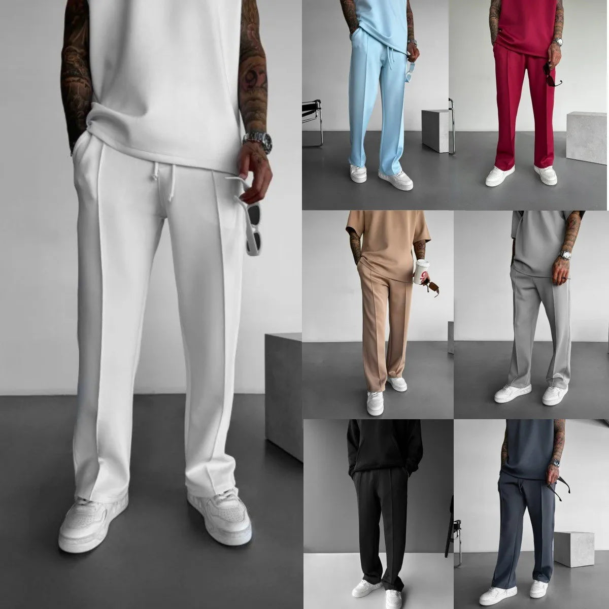 Nouveaux pantalons décontractés pour hommes, pantalons de nettoyage de poche de couleur unie plissés à une ligne avec cordon de serrage à la taille élastique élégant et confortable