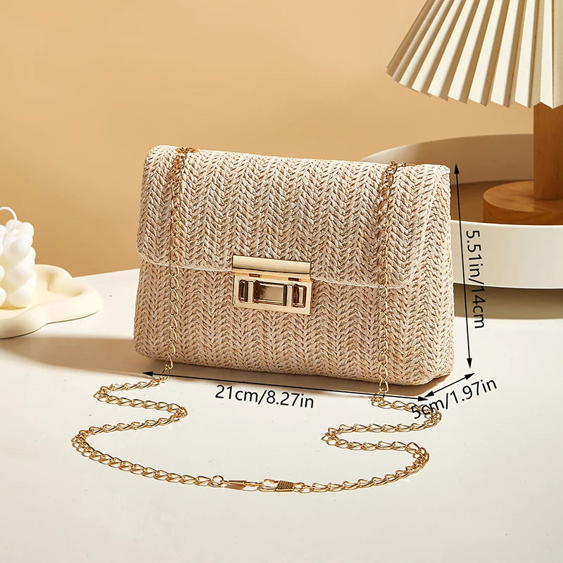 Sac à bandoulière en paille pour femmes, sac à bandoulière en chaîne tissé de grande capacité avec fermeture à boucle, pochette faite à la main