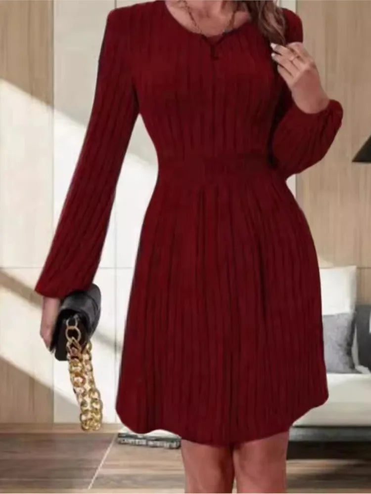 Printemps automne femmes nouveau Style Pit Bar col rond à la mode petite lanterne poignets tirant dos taille a-ligne robe mi-longue
