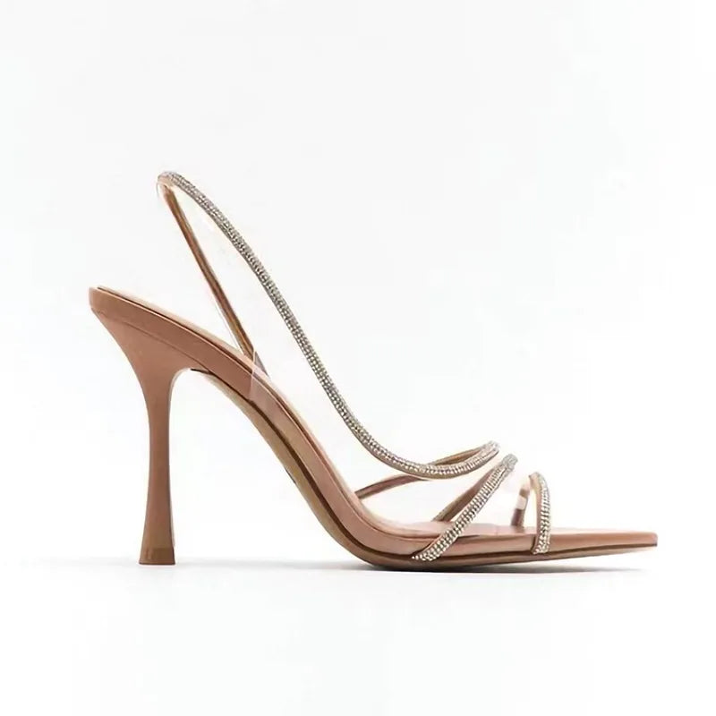 Sandales à talons hauts et fins pour femmes, nouveau Style féerique, Sexy, bouche peu profonde, dos creux, pointu, diamant d'eau, bout ouvert, été 2024