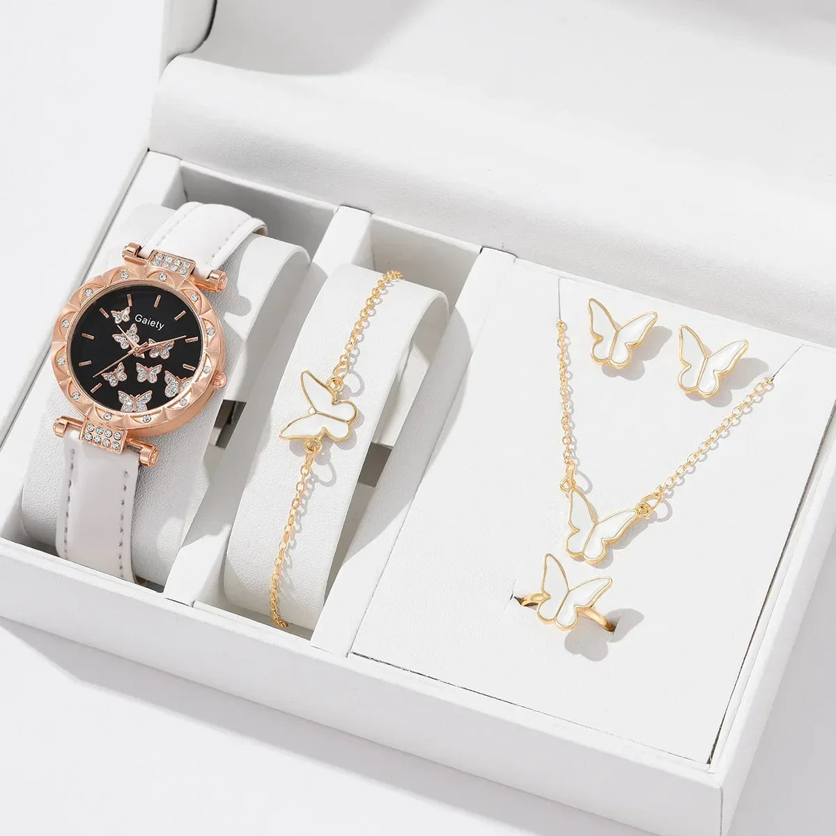 Set Femmes Montre Bague Collier Boucles d’oreilles Bracelet Ensemble Montres Papillon Bracelet En Cuir Dames Quartz Montre-bracelet (Pas de boîte)