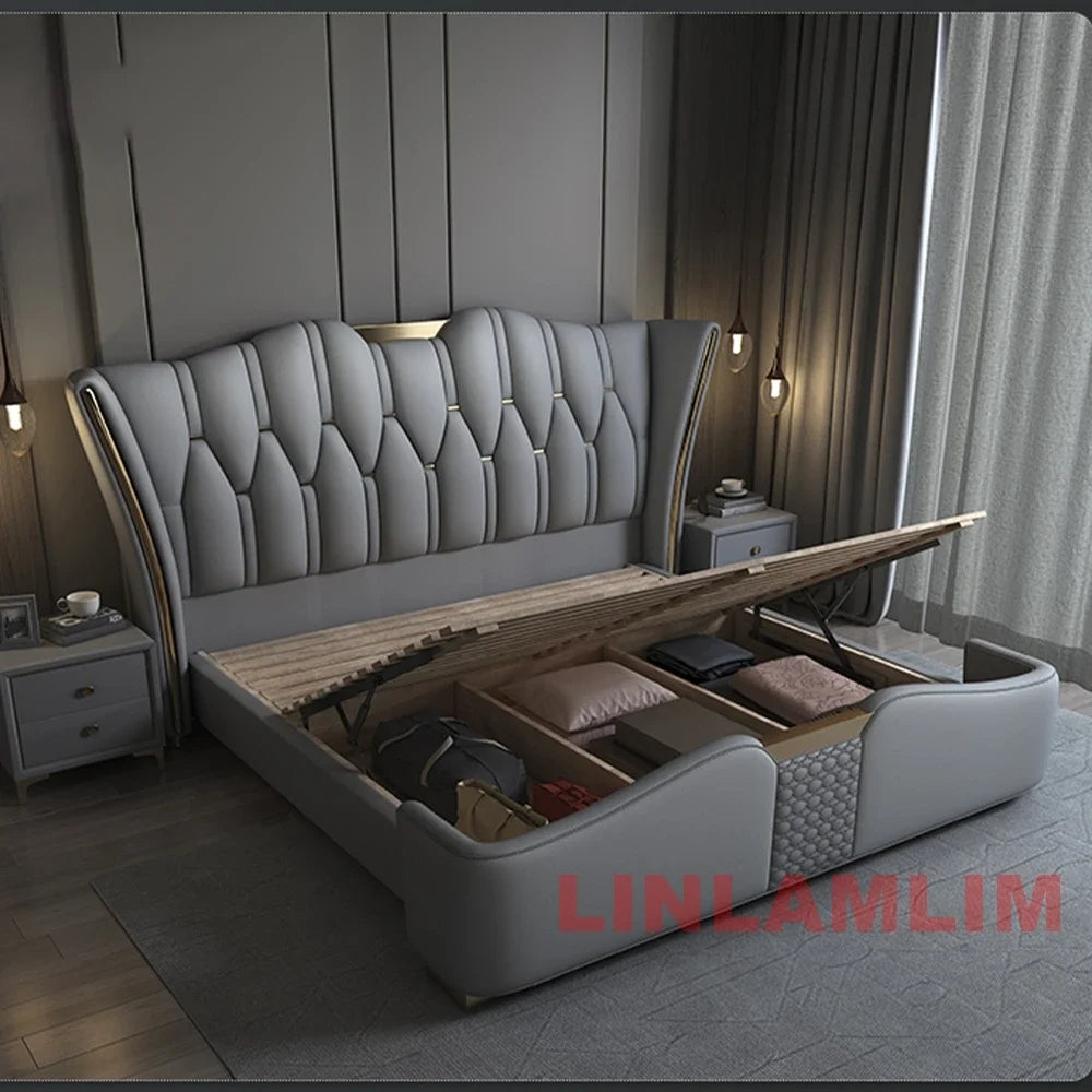 MINGDIBAO-Cadre de lit en cuir véritable avec Accents dorés, mobilier de luxe moderne, design, pour chambre à coucher, queen/king size