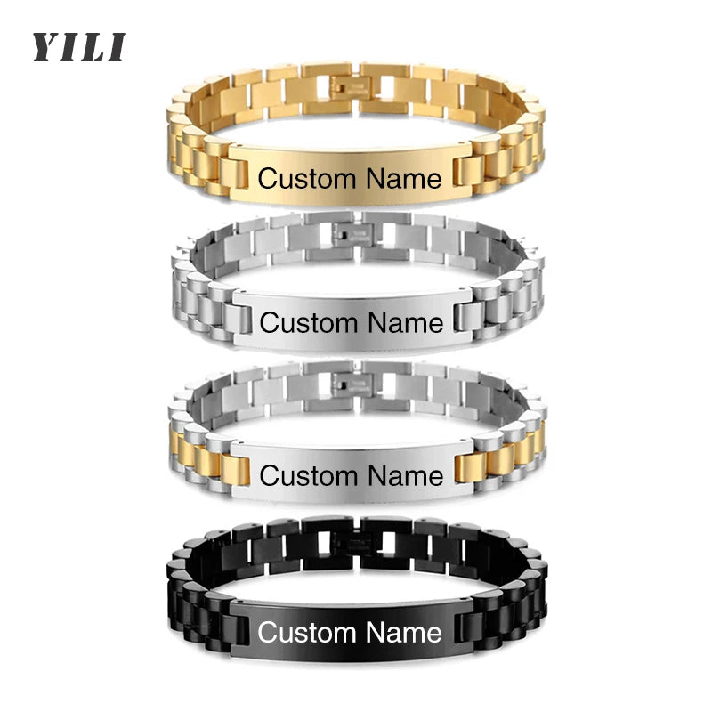 Bracelets d’identification en acier inoxydable gravables personnalisés pour hommes Plaque signalétique personnalisée Bracelets de barre d’identité pour lui19-21CM