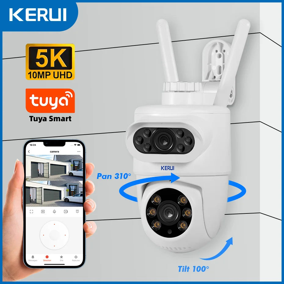 KERUI-Caméra de surveillance extérieure PTZ IP HD 5K 10MP, dispositif de sécurité sans fil, étanche, avec vision nocturne intelligente et détection de mouvement
