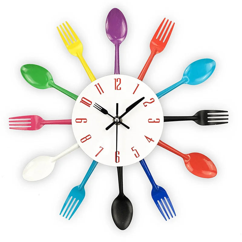Horloge murale de cuisine, couverts créatifs modernes amovibles 3D cuillère de cuisine fourchette horloge murale miroir autocollant mural chambre maison