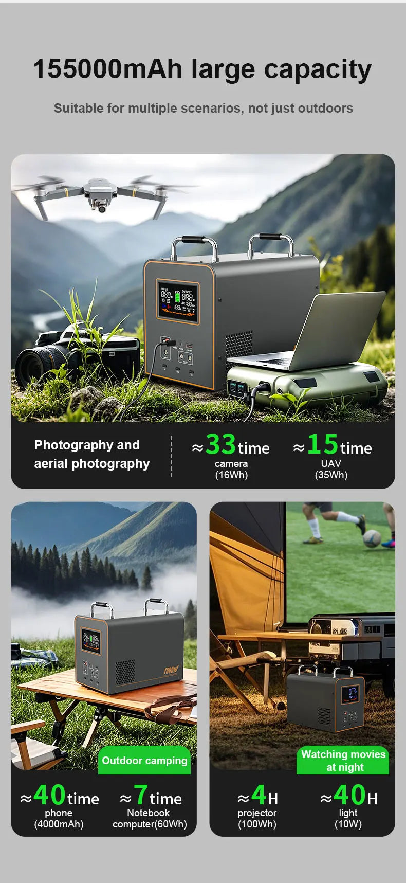 VeFePO4-Centrale électrique portable, Alimentation mobile, Sir Aors solaires, Stockage de batterie pour le camping, 2600W, 2048WH, 1800W, 1024WH