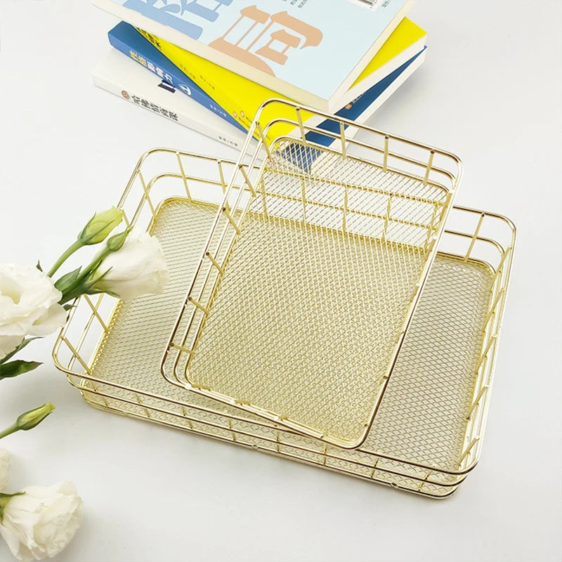 Panier de rangement en fer et métal doré de Style nordique, support multifonctionnel de bureau pour articles divers, boîte de rangement de bijoux