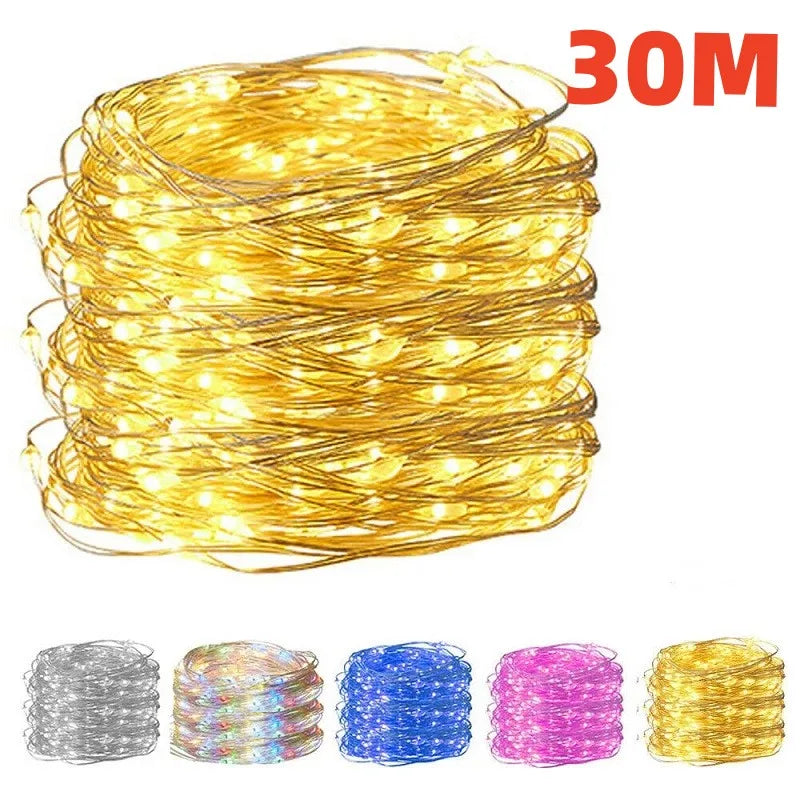 Guirlande lumineuse LED USB 10/20/30M, fil de cuivre et d'argent, guirlande lumineuse féerique étanche pour noël, décoration de fête de mariage